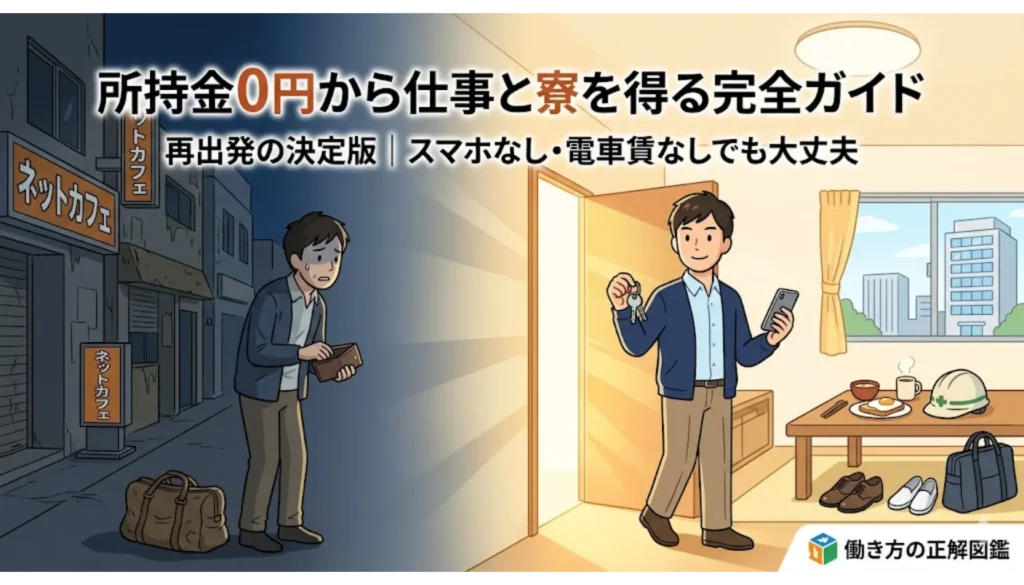 所持金0円から仕事と寮を得る方法を解説するアイキャッチ画像。暗い街角から明るい個室寮へ再出発する男性のイラストと「所持金0円から仕事と寮を得る完全ガイド」のタイトル文字。