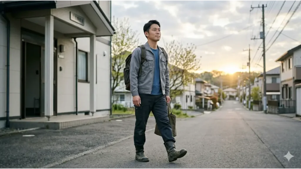 寮付きの仕事を得た日本人男性が、朝の光の中で、決意を秘めた表情で新しい職場に向かって力強く一歩を踏み出す、誠実でフォトリアルな風景。