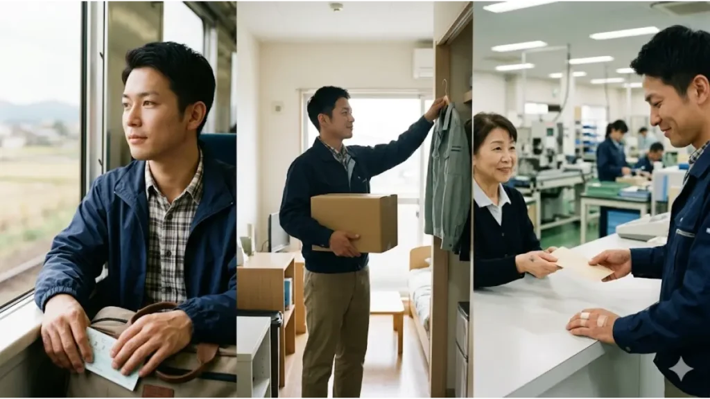 所持金0円から生活を立て直すため、会社から提供されたチケットで移動し、寮に入居し、そして最初の給与を受け取るという一連の流れを、文字なしで誠実に表現した現場のリアルなフォトリアル画像。
