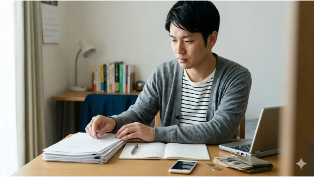 寮付きの仕事で得た収入を元手に、整理整頓された自室のデスクで、通帳や資格取得の参考書を前に長期的な生活設計を練る日本人男性の誠実な姿。