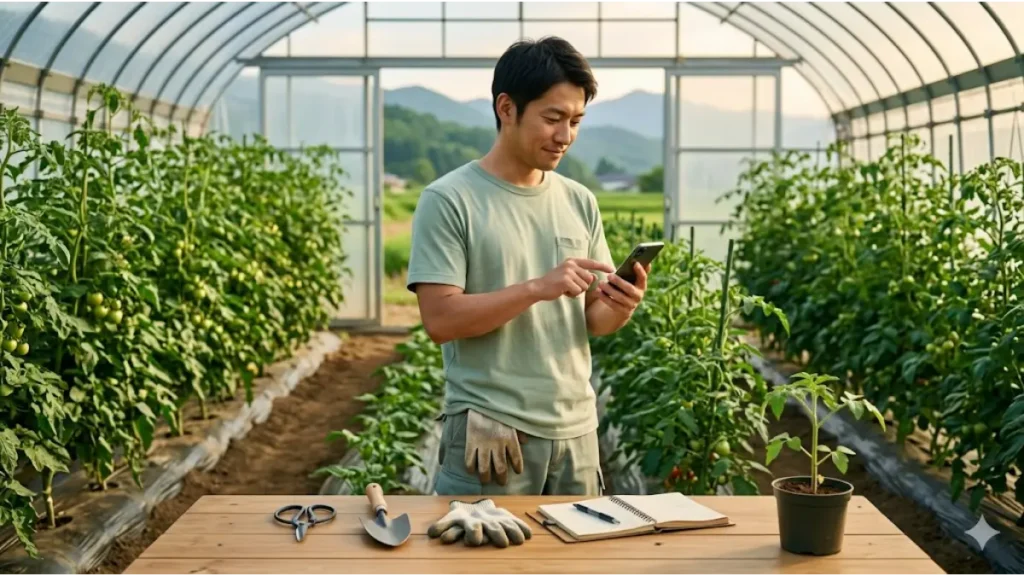 自然光が差し込む整理整頓された農業用ハウス（ビニールハウス）の中で、作業の手を休めた日本人男性がスマートフォンを使い、真剣かつ満足げな表情で求人情報を探している。作業台の上には収穫ハサミ、小手、使い込まれたノート、ペンが並び、背景には生き生きとしたトマトの苗が広がる。