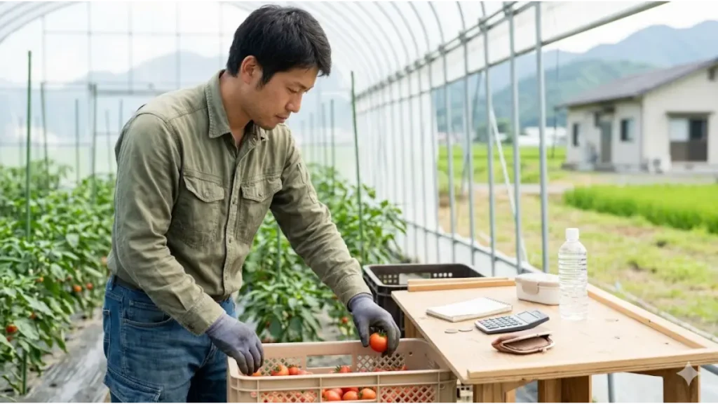 自然光が差し込む整頓されたビニールハウス内で、誠実そうな日本人男性農業労働者がミニトマトを丁寧に収穫しコンテナに詰めている手元。彼の作業台には収穫道具とともに家計簿と電卓、小銭入れが置かれており、生活費無料を活かした貯金管理の真剣さを表現している。