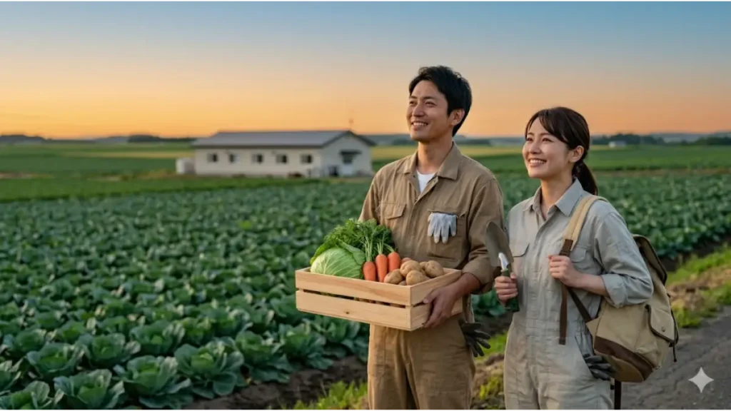リゾートバイトの農業住み込みワークを終え、夕暮れの広大な畑を背景に希望に満ちた表情で遠くを見つめる日本人労働者の男女。手に収穫野菜のバスケットと未来へのリュックサックを持ち、達成感と成長を表現している。清潔で誠実な現場のリアル。