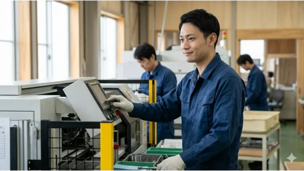 バックレから寮付き仕事で再スタートを成功させ、安定した生活を手に入れた誠実な日本人労働者が工場で笑顔を見せる現場の様子。