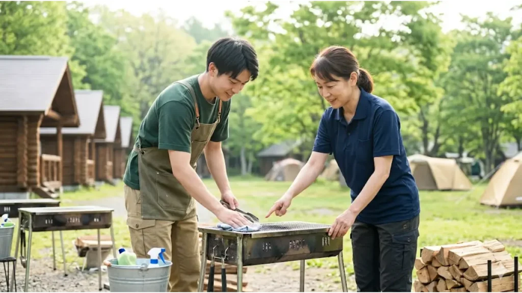 日本の自然豊かなキャンプ場で、異なる年齢層のスタッフ（20代の若者と40代以上のベテラン）が協力してバーベキューコンロを清掃している様子。誠実でリアルな現場の人間関係を表現した画像。