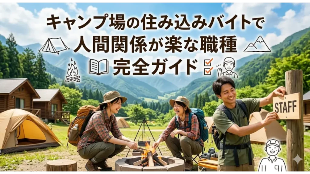 キャンプ場の住み込みバイトで人間関係が楽な職種完全ガイド。大自然のキャンプ場で笑顔で楽しそうに働くスタッフの様子
