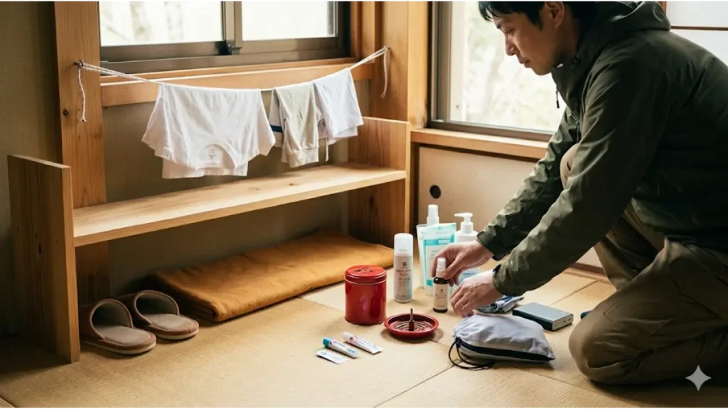 キャンプ場の住み込みバイトで快適さを確保するための、現場の実情に特化した持ち物リスト。寮の部屋で整理される赤い「パワー森林香」のセット、ポイズンリムーバー、部屋干し用の洗濯紐と干された白い作業服、底冷え対策のスリッパなど。フォトリアルで誠実な描写。
