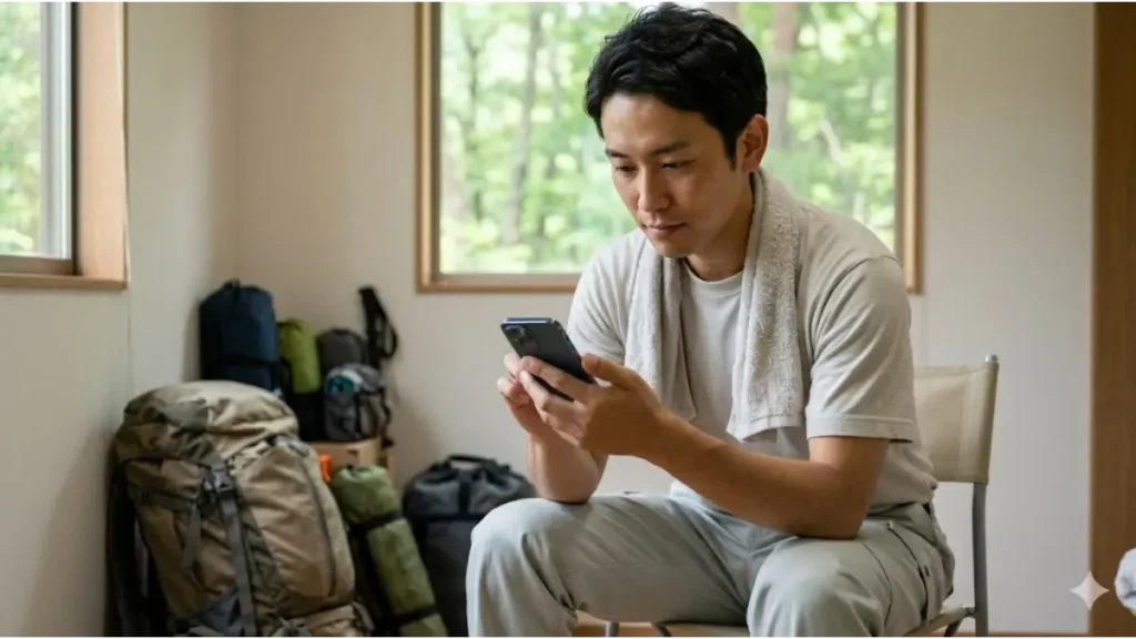 キャンプ場の住み込みバイトで、無断退職（バックレ）という感情的な行動を避け、冷静に派遣会社のコーディネーターに正式な相談（撤退戦術）をする誠実な日本人男性スタッフの様子。寮の整理整頓された個室で、スマートフォンを手に、真剣で冷静な表情。自然光。