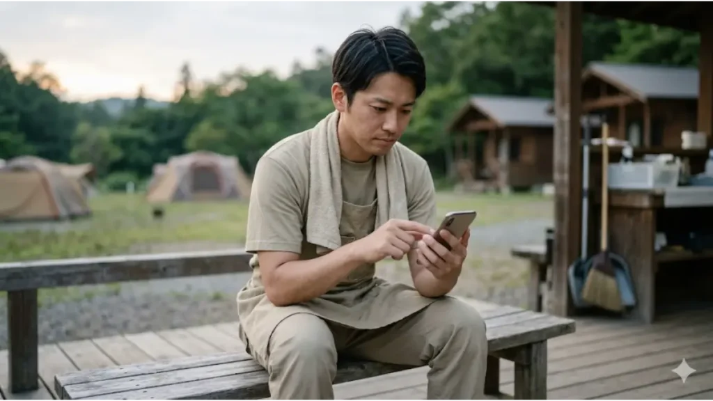 キャンプ場の住み込みバイトで、人間関係を楽にするための第一歩を踏み出す、誠実そうな30代の日本人男性スタッフが、夕暮れ時のキャンプ場でスマートフォンを使って求人サイトに登録している様子。フォトリアルで誠実な描写。