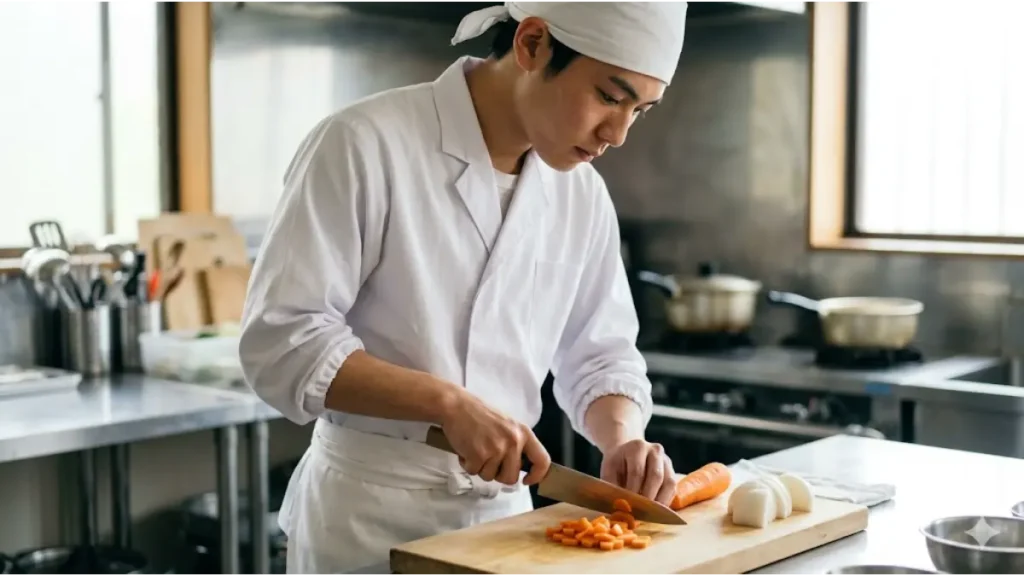 旅館の清潔な厨房で、真剣な表情で地元の野菜を刻む日本人大学生。長期休暇中に住み込みバイトとして誠実に働く姿から、成長への期待と責任感が伝わる。