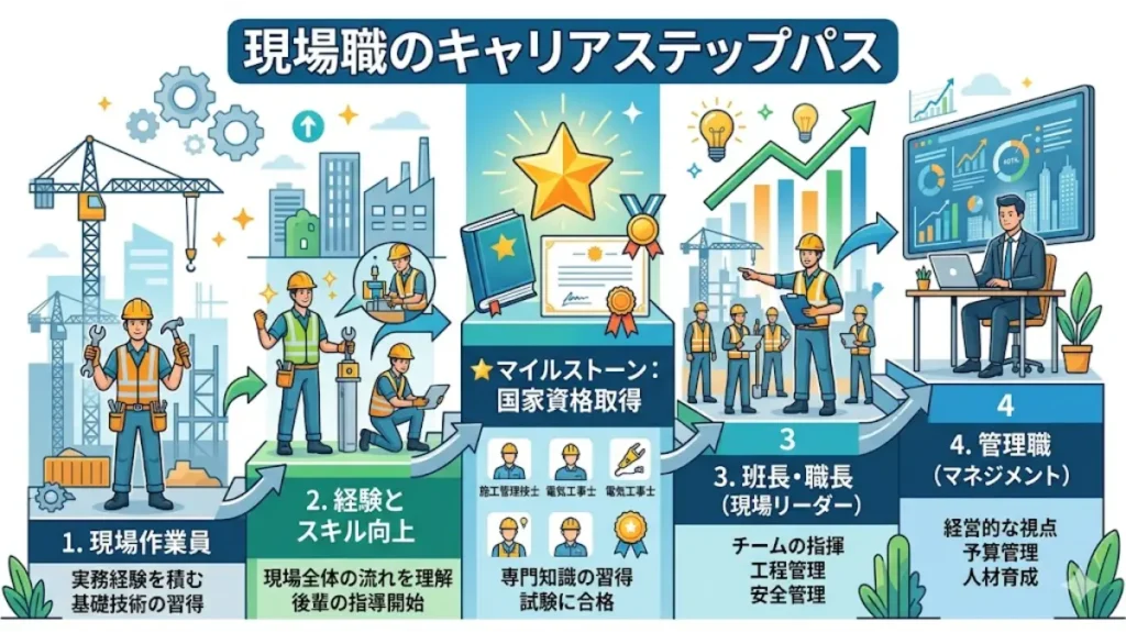 誰にも会わずに始められる寮付き仕事から将来的にキャリアアップしていく道筋を解説した図解。現場作業員から経験を積み、国家資格取得というマイルストーンを経て、現場リーダー（班長・職長）や管理職（マネジメント）へと昇格していく4つのステップを日本語で分かりやすく説明している。