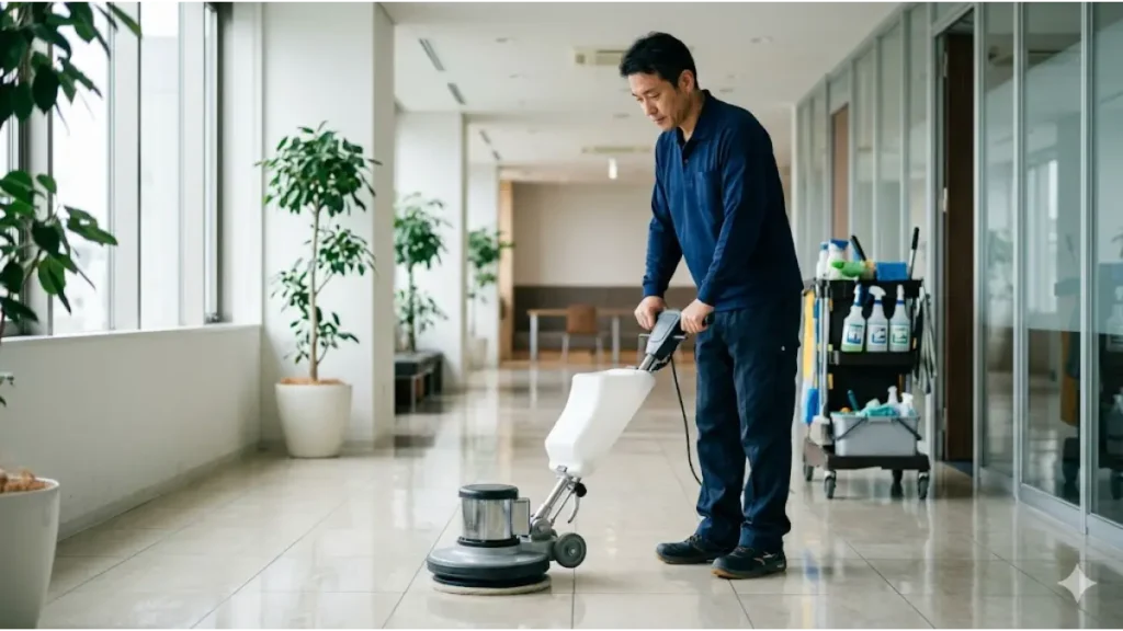 誰にも会わずにできる寮付き仕事の一つである清掃業（ビルクリーニング）において、自然光が差し込む静かなオフィスの廊下でポリッシャー（床洗浄機）を使い、黙々と作業に集中する誠実な日本人男性作業員の姿を捉えたフォトリアルな画像。