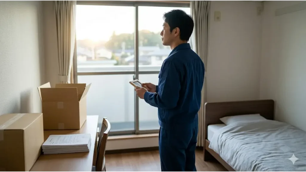 誰にも会わずにできる寮付き仕事を見つけ、引っ越してきたばかりの清潔でシンプルな寮の自室で、窓から差し込む朝日を浴びながら静かな希望と決意を胸に外の景色を眺める誠実な日本人働く人の姿。新しい生活への第一歩と、静かな再起の瞬間を、日本のプロカメラマンが自然光で撮影したようなフォトリアルな質感で表現している。