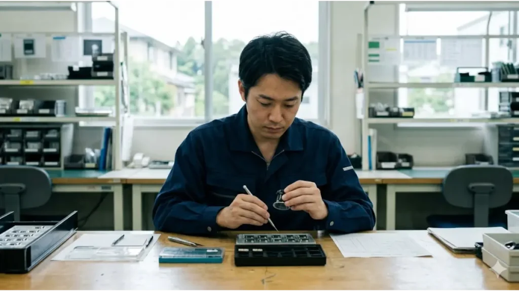 自然光が差し込む清潔な作業場で、黙々と小さな電子部品の検査作業に集中している誠実な日本人男性の横顔。誰にも会わずにできる寮付き仕事の現実である製造業の現場のリアルを、プロカメラマンが撮影したようなフォトリアルな質感で表現している。