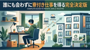 誰にも会わずに寮付き仕事を得る方法を解説したアイキャッチ画像。オンライン応募から、個室寮の鍵を受け取り、工場や自宅で一人で作業を完結させるまでのステップを表現している。