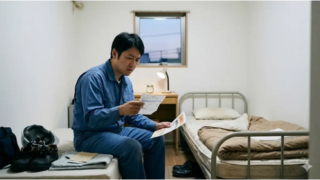 誰にも会わずに働きたいと寮付きの仕事を選んだものの、簡素な寮の個室で、求人票の「高収入！即入寮！」という美辞麗句と、実際の給与明細に記載された寮費や食費の天引き額を前に溜息をつく、疲労した日本人男性作業員。日本のプロカメラマンが自然光で撮影したようなフォトリアルな質感で、厳しい「現場のリアル」を表現している。