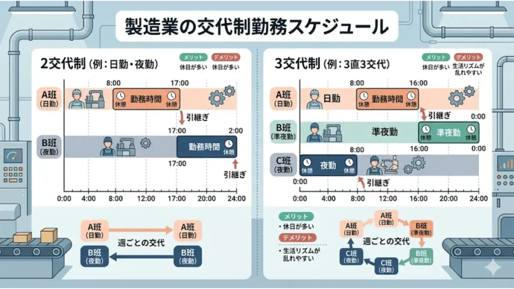 誰にも会わずにできる寮付き仕事として人気の製造業において、2交代制と3交代制の勤務スケジュールや週ごとの交代の流れ、それぞれのメリット・デメリットを分かりやすく日本語で解説した図解インフォグラフィック。