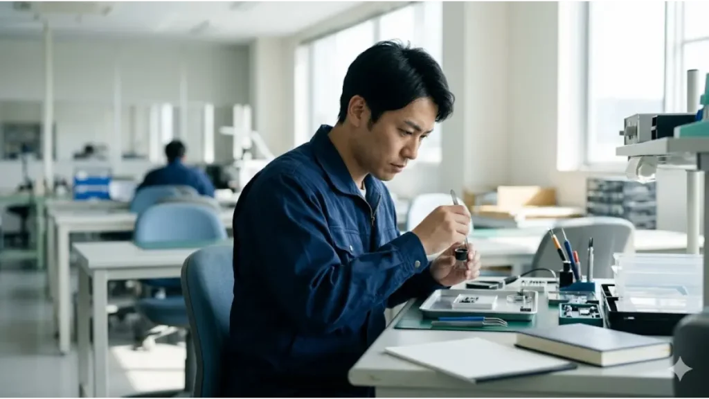誰にも会わずに働ける寮付き仕事の現場である製造業の検査工程で、紺色の作業着を着た30代の日本人男性が真剣な表情で黙々と作業に取り組む様子。生活再建から将来のキャリア戦略を見据え、一人で集中する姿を自然光で捉えている。