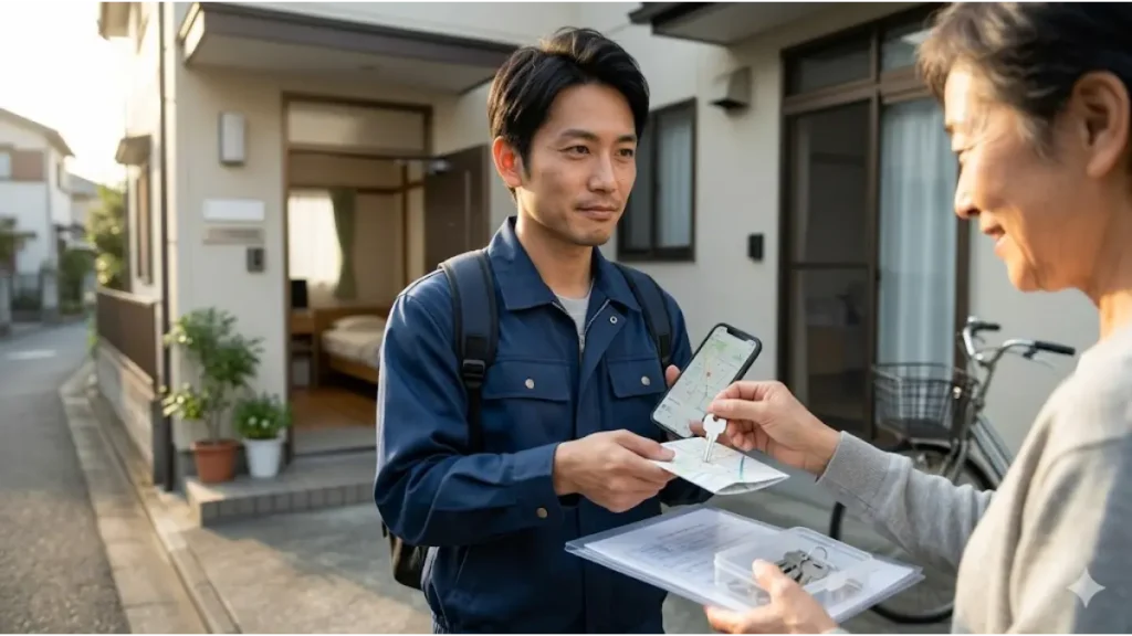 強制退去で行き先を失った日本人の男性（30代）が、誠実そうな寮管理者から新しい住居（寮）の鍵と簡単な生活マニュアルを受け取っている様子。住み込み求人によって住まいと仕事を確保し、希望を持って再起への第一歩を踏み出すフォトリアルな日本の写真。