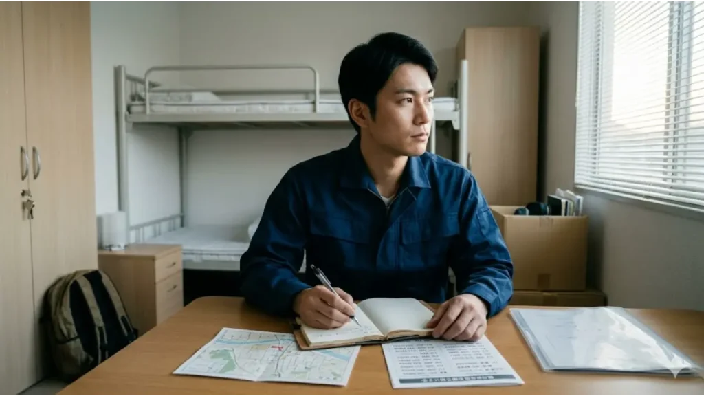 強制退去で行き先を失った男性が、新たに得た住み込み求人の寮の自室で、誠実な表情で再起のための「実行プラン」を書き留めている。自然光が差し込む整頓された室内で、新しい生活への希望と固い決意を感じさせるフォトリアルな日本の写真。