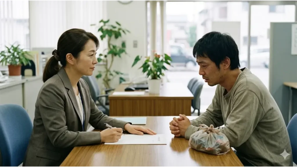 強制退去で行き先を失った男性が、住所や身分証がない状態でも「現在地」にある市区町村の福祉事務所窓口で、誠実そうなケースワーカーから生活保護の現在地保護申請について説明を受け、一時保護施設（シェルター）などの「今夜の宿」を確保しようとしている様子を描いたフォトリアルな日本の写真。