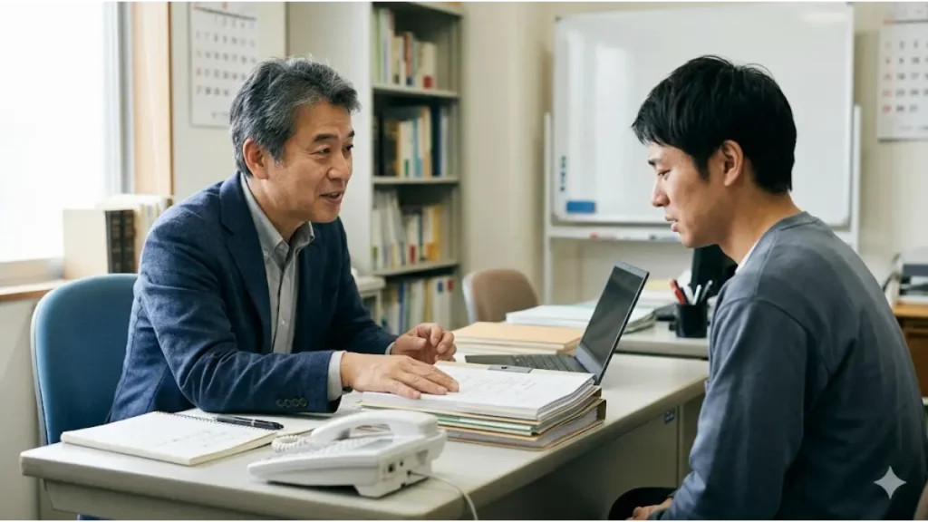 強制退去で行き先がなく仕事を探している男性が、専門家から法的猶予や公的支援について誠実にアドバイスを受けている様子。自然光の入る相談ブースで、信頼できる法律のプロフェッショナルが書類を指し示しているフォトリアルな日本人の画像。