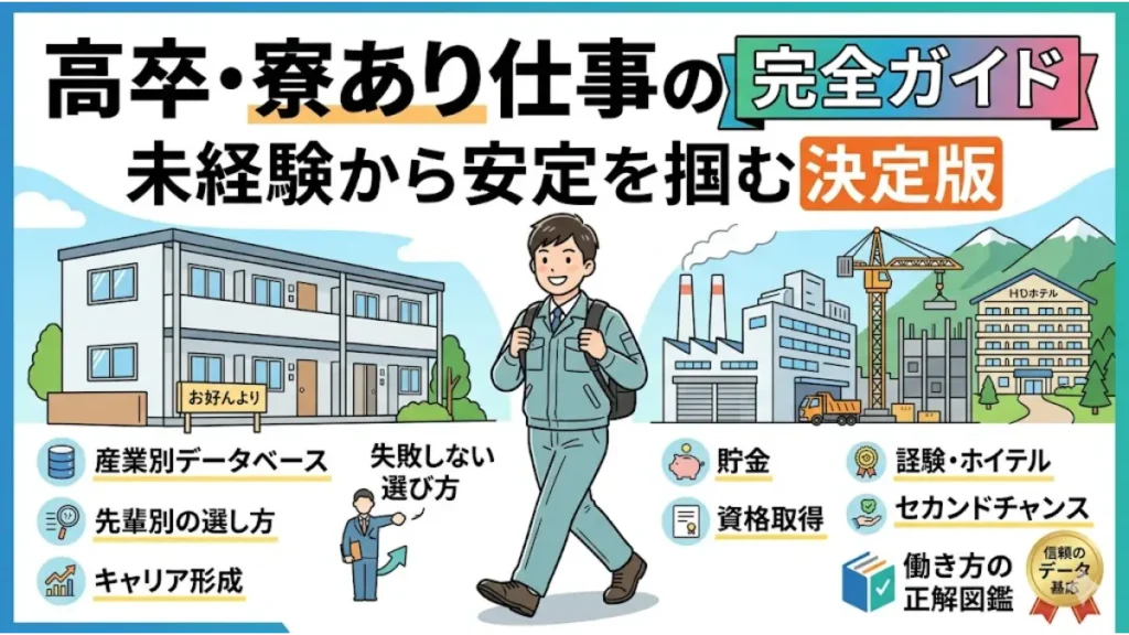 笑顔で一歩踏み出す高卒の若い男性が、清潔な寮と活気ある仕事場（工場、建設現場、リゾートホテル）の間に立ち、タイトル『高卒・寮あり仕事の完全ガイド｜未経験から安定を掴む決定版』が大きく表示されている日本のWebメディア向けイラスト。周囲には産業別データやキャリア形成などのアイコンが整理されている。