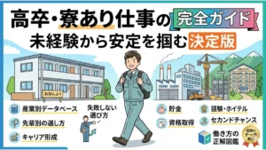 笑顔で一歩踏み出す高卒の若い男性が、清潔な寮と活気ある仕事場（工場、建設現場、リゾートホテル）の間に立ち、タイトル『高卒・寮あり仕事の完全ガイド｜未経験から安定を掴む決定版』が大きく表示されている日本のWebメディア向けイラスト。周囲には産業別データやキャリア形成などのアイコンが整理されている。
