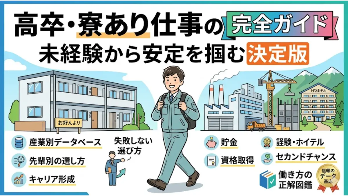 笑顔で一歩踏み出す高卒の若い男性が、清潔な寮と活気ある仕事場（工場、建設現場、リゾートホテル）の間に立ち、タイトル『高卒・寮あり仕事の完全ガイド｜未経験から安定を掴む決定版』が大きく表示されている日本のWebメディア向けイラスト。周囲には産業別データやキャリア形成などのアイコンが整理されている。