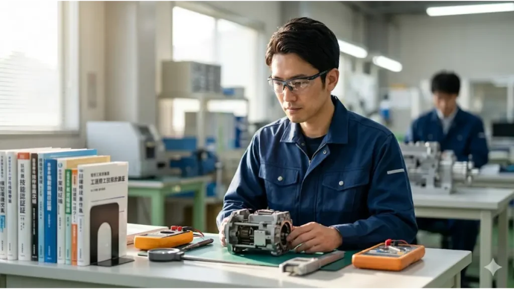 日本の製造現場で働く誠実な日本人男性労働者。彼の近くには、時給アップにつながる戦略的な資格取得のための技術参考書や専門工具が置かれており、真剣な表情で作業に取り組んでいる。