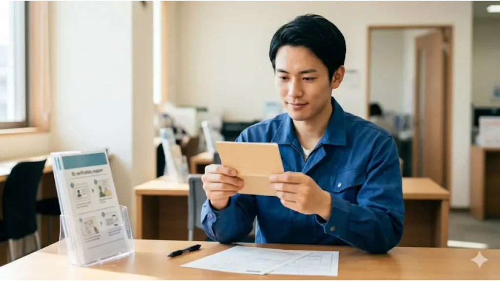 住民票がない状態から銀行口座を開設する具体策として、日本の誠実そうな働く男性が、自然光の中で住民票復活や居住確認の手続きについて相談員から説明を受け、自分名義の通帳を手にする様子。現場のリアルと信頼を感じさせるフォトリアルな画像。