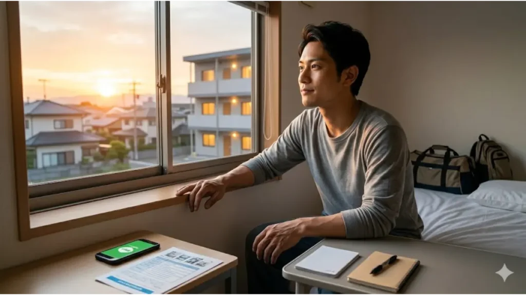 住所不定・履歴書不要・寮付きの仕事で人生を再起動させた日本の男性が、夕暮れ時、清潔な自室寮の窓辺で穏やかな希望に満ちた表情で未来を見つめる様子。ベッドには荷物が整頓され、デスクにはLINE相談や住民票復活のロードマップが置かれ、安定した生活を取り戻したリアルな現場。