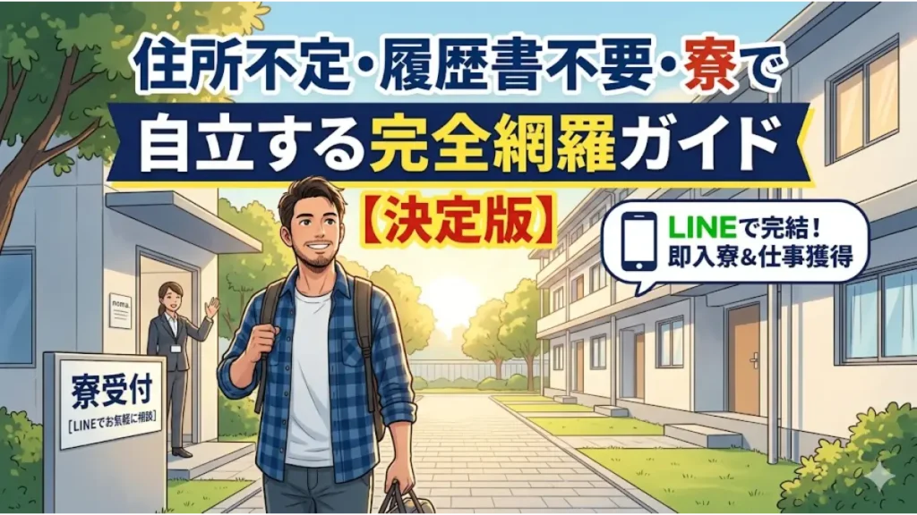 住所不定・履歴書不要・寮付きの仕事で自立を目指す男性が、noma.（ノマドット）のスタッフに迎えられながら明るい未来へ歩み出すイメージ画像。背景には清潔な個室寮が並び、LINEで即入寮できる仕組みを説明しています。