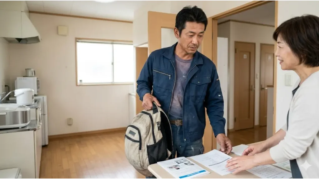 住所不定・履歴書不要・寮付きの仕事で自立を目指す男性が、清潔感のある共有寮の玄関で、誠実な管理人女性から案内を受けている様子。男性は希望を持った表情で、LINE相談により即入寮できる仕組みを説明する資料を読んでいる。現場のリアルと信頼を感じさせる自然光のフォトリアルな画像。
