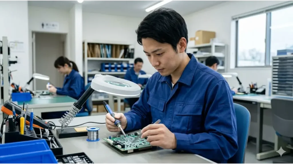 住所不定・履歴書不要・寮付きの仕事で自立を目指す男性が、日本の清潔な工場で誠実に精密機器のハンダ付け作業に取り組んでいる様子。男性は集中した表情で、手に職をつけながら人生を逆転させようとする強い意志を感じさせる。自然光の中、整頓された環境で働くリアルな現場。