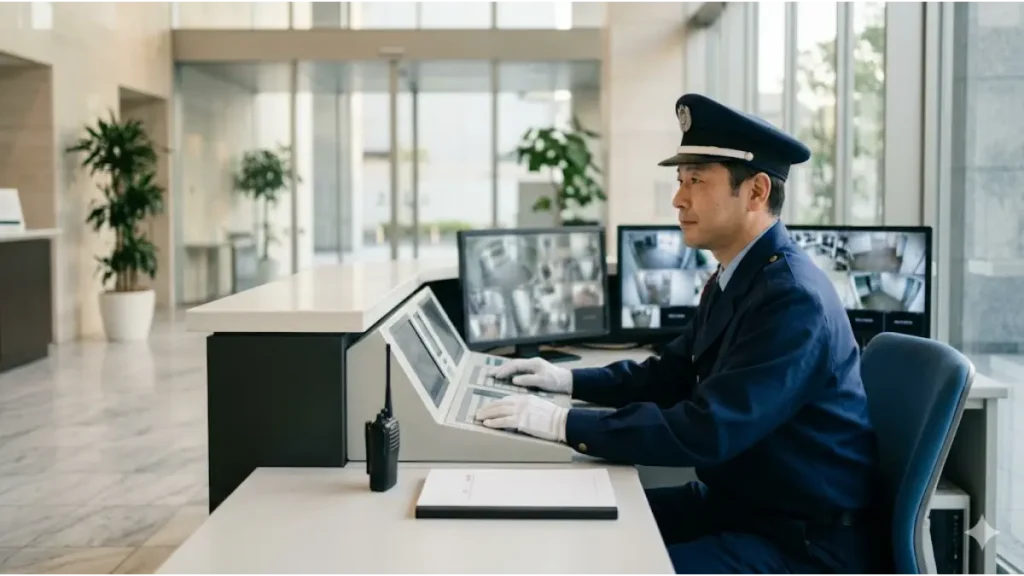 携帯止まった状態でも生活再建を目指せる寮付きの警備業務において、施設内のモニターを真剣に監視し安全を守る誠実な男性警備員の様子