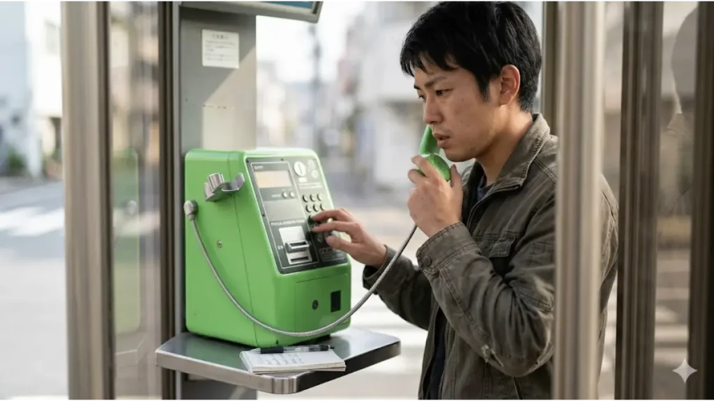 携帯止まった状態で仕事に応募するため、街中の公衆電話を使って真剣に連絡を取る誠実な男性の様子
