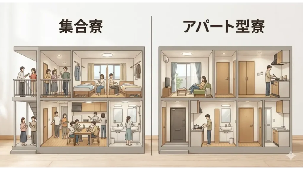 携帯止まった状態での仕事探しにおいて、プライバシーが制限される「集合寮」と、生活設備が個室内に揃う「アパート型寮」の構造的な違いを比較解説したイラスト