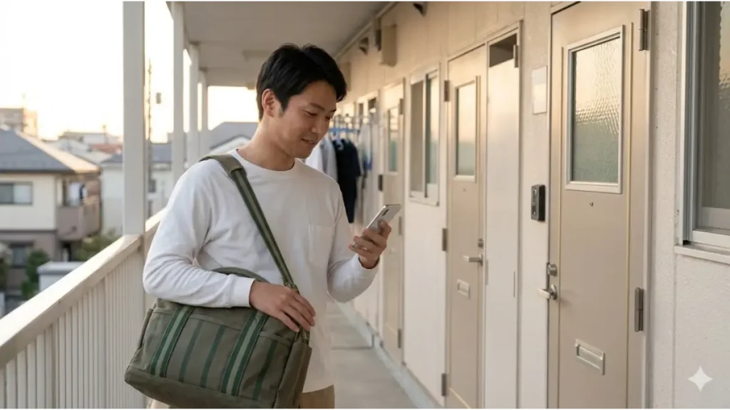 携帯止まった状態の不安から脱出し、新しい生活の拠点となる寮の前で自分名義のスマホを確認する誠実な男性の様子