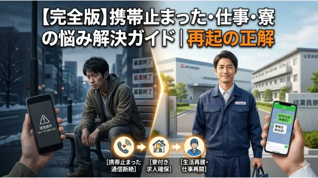 携帯止まった状態から、寮付き求人で採用が決まり笑顔で生活再建へと歩み出す男性の様子