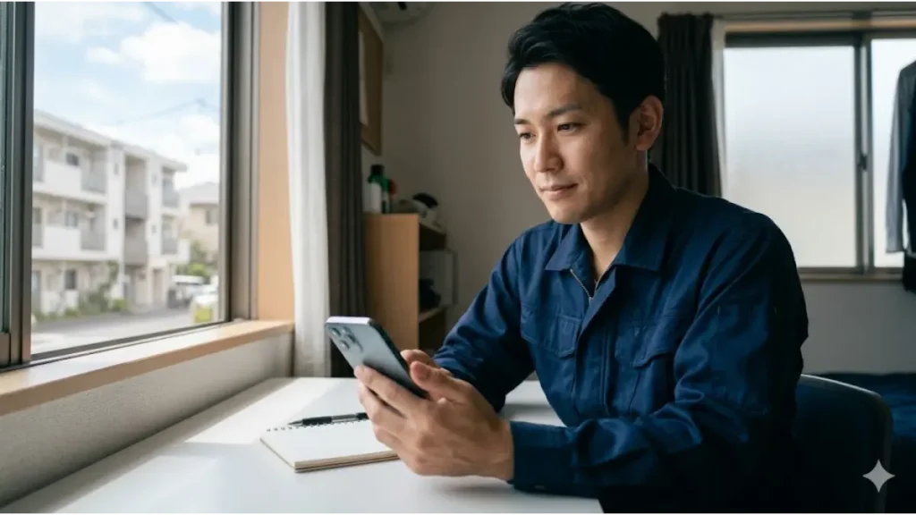 携帯止まった状態から寮付き求人で仕事が決まり、清潔な個室寮で自分名義のスマホを確認して新しい生活の一歩を踏み出す男性の様子