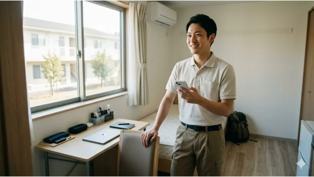 携帯止まった状態から寮付き求人を選択し、清潔で整頓された個室の寮で再起への希望に満ちた表情を浮かべる男性の様子