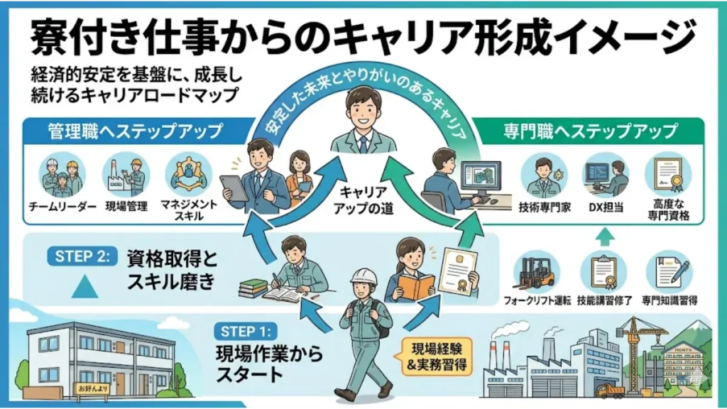 高卒で寮ありの仕事からスタートし、現場作業での実務経験を積みながら資格を取得し、将来的に現場リーダーや管理職、専門職へとステップアップしていく成長の過程を分かりやすく示した16:9のキャリアロードマップ図解