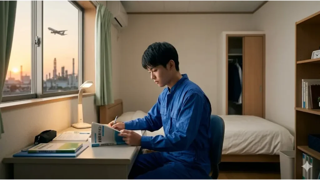 高卒で寮ありの仕事に従事する誠実そうな若い日本人男性が、夕暮れ時の寮の自室で資格取得に向けて真剣に勉強している様子。窓の外には工業地帯と空へ飛び立つ飛行機が見え、人生の滑走路から未来へ羽ばたく希望を表現した16:9のフォトリアルな画像。