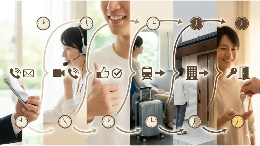 今日から住める仕事を探す人向けの、応募から即日入寮までの24時間タイムスケジュールの図解チャート。スマホでの応募、電話面接、採用決定、移動、到着、入寮手続きと鍵の受け取りといった流れが、時計のアイコンと簡潔な日本語とアイコンで視覚的に説明されている。清潔で誠実な日本のフォトリアルなデザイン。