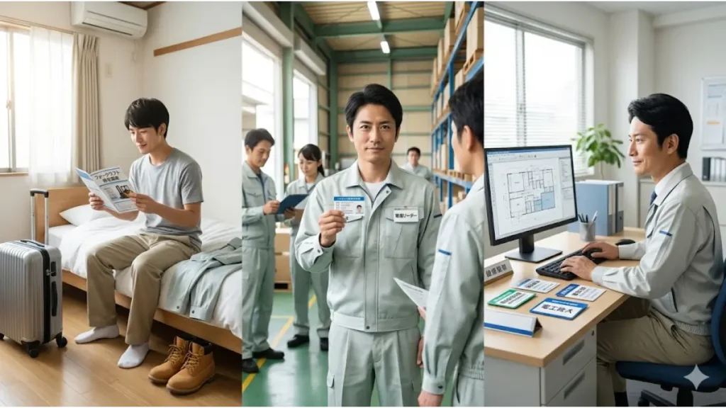 住み込み労働から専門職・管理職へのステップアップ図。左から「住み込み寮で資格取得を志す」「現場リーダーとしてフォークリフト免許を取得し成長する」「オフィスで管理職として活躍する」という、誠実な日本人男性のキャリアパスを3つのシーンでフォトリアルに表現したロードマップイメージ。文字なし。