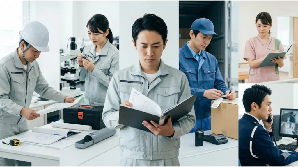 建設、製造、運輸、介護、警備の主要5業界で働く、誠実な表情の日本人労働者たちの現場。それぞれの仕事環境で、真剣に作業やデータ(バインダー)を確認している様子を描写したフォトリアルな画像。文字やロゴはなく、清潔感がある。今日から住める 仕事のデータベースセクション用。