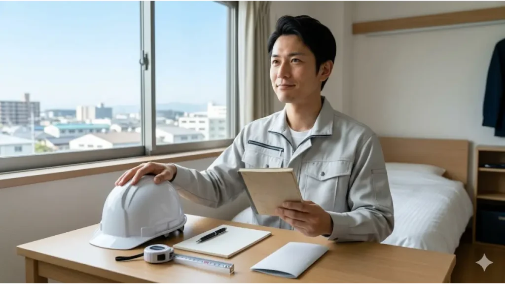 日本の清潔で整頓された寮の個室で、窓からの自然光を浴びながら、現場用のヘルメットと将来の目標を模したプレーンなノート(文字なし)を手に、誠実で希望に満ちた表情を浮かべる日本人男性作業員。デスクには整理された作業道具と、新たな一歩を象徴する無地のパンフレットが置かれている。「今日から住める仕事」で安定した基盤を得て、理想の未来を掴む決意と安堵を表現したフォトリアルな画像。文字やロゴなし。