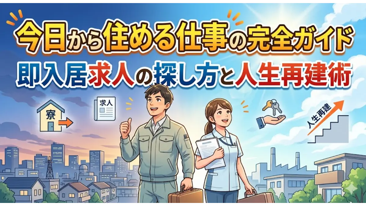 「今日から住める 仕事」の探し方と人生再建をテーマにしたアイキャッチ画像。スーツケースを持ち明るい未来を見据える建設業や介護職の男女、寮の鍵やキャリアのステップアップを象徴するアイコンが描かれている。