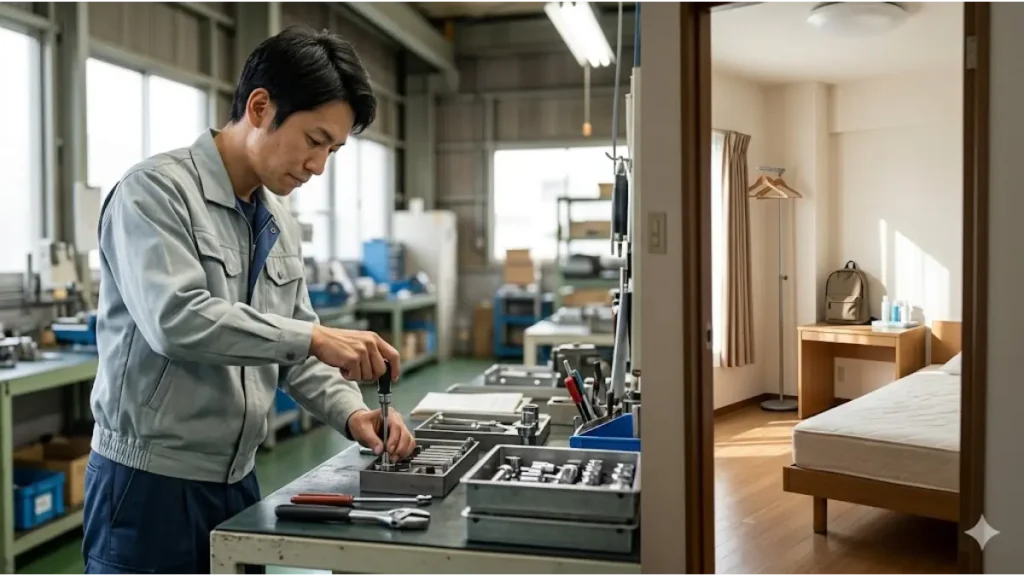 自然光が差し込む日本の工場で、作業道具を整理する誠実そうな日本人男性従業員。彼の横の開いたドアからは、ベッドと最小限の荷物が整頓された清潔な寮の個室が見え、「今日から住める仕事」のリアルな現場の実態と即入居の準備が整っている様子を伝えている。文字やロゴはなく、清潔感と誠実さを感じさせるフォトリアルな質感。